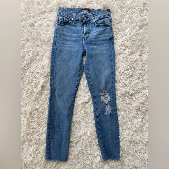 7 for all Mankind Jeans Blue Roxanne Ankle knee distressed mid rise slim fit 25 - Picture 1 of 11